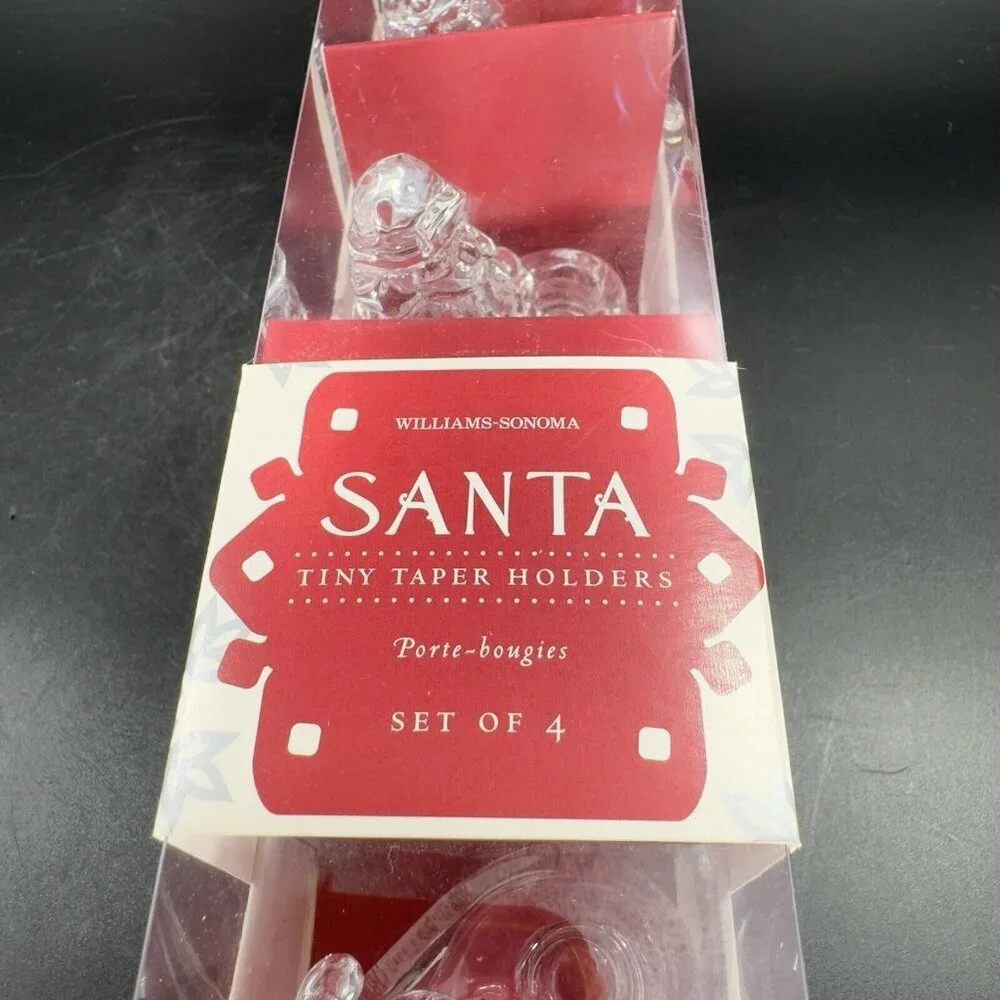 Williams Sonoma Clear Glass Santa‎ Taper Candle Holders Christmas New In Box